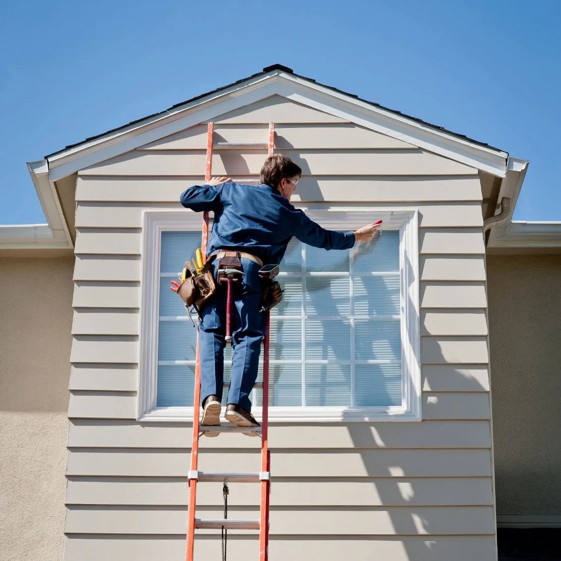 Hombre pintando una ventana por el exterior